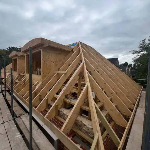Timber hipped roof frame with dormer on a residential new build